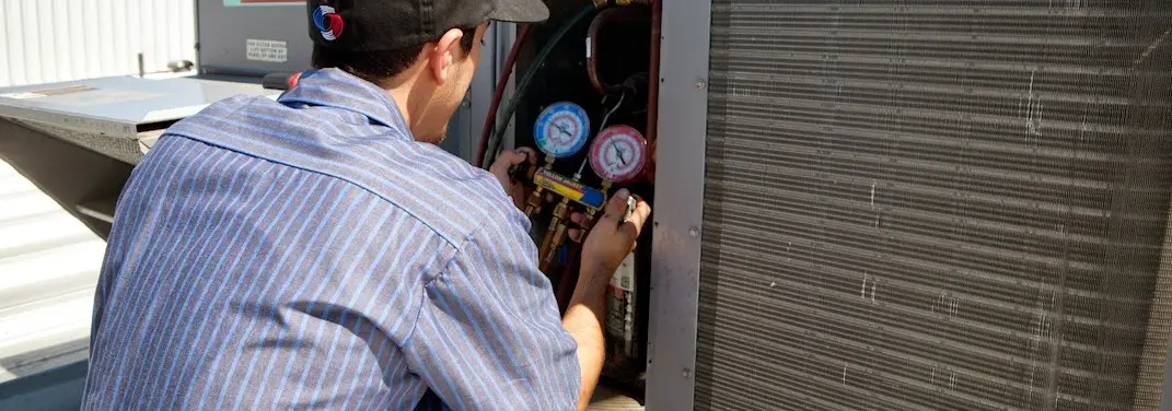 HVAC technician servicing a condenser unit in Gages Lake